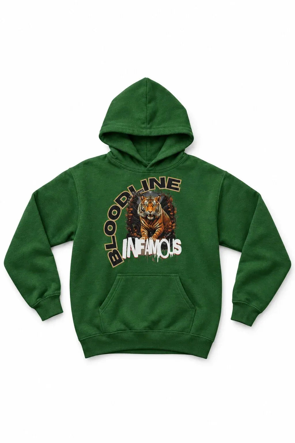 A green pullover hoodie featuring a front graphic with a tiger illustration and the text 'BLOODLINE INFAMOUS' in stylized lettering, shown against a plain white background.